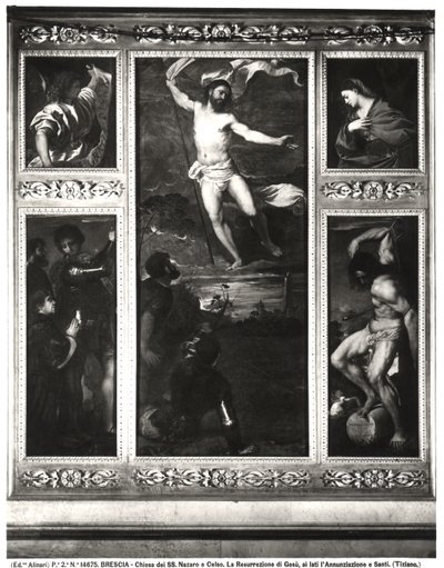 Averoldi Polyptych depicting the Resurrection of Christ, the Annunciation, SS Nazarius and Celsus with Averoldi and the Martyrdom of Sebastian, 1522 by Tiziano Vecelli